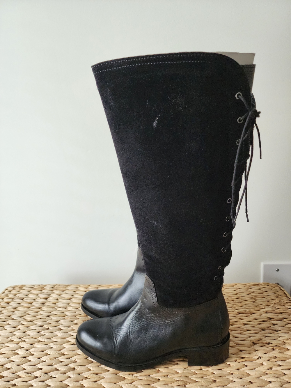 Women’s Black Lace-Up Knee-High Leather & Suede Boots